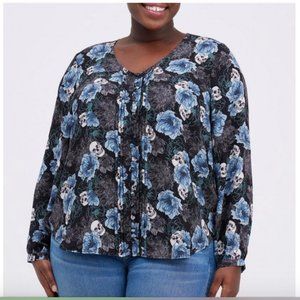 Georgette Pintuck Button-Front Blouse Skull Floral